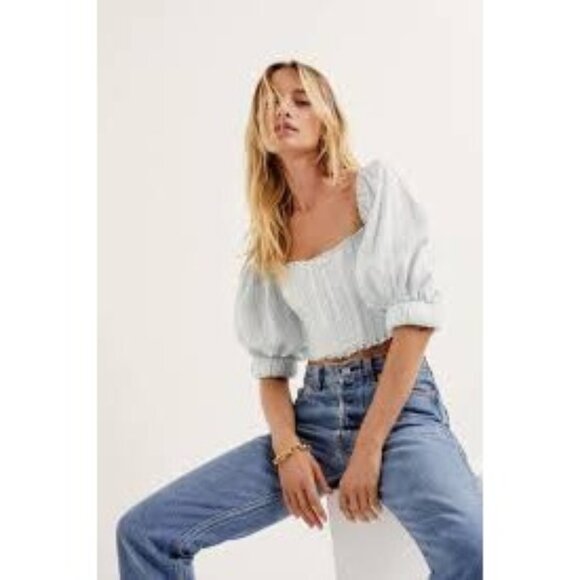 For Love & Lemons Tops - For Love/Lemons Leslie Puff Sleeve Crop Corset Women's 1X Blue/White Striped Top